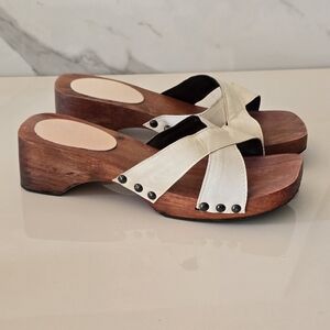 Wooden Leather White Platform Sandals 38
